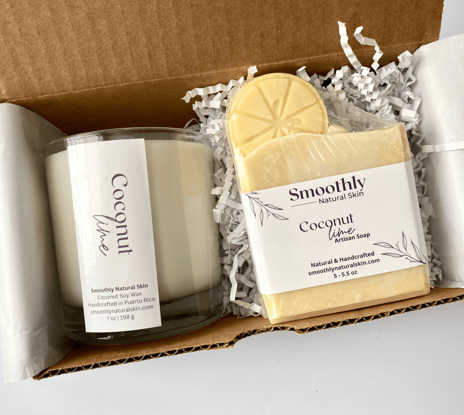 Coconut lime soap and candle set is a best seller. Is a fresh fragrance; it has notes of lime, grapefruit, lemon with a floral undertone of jasmine, on a background of musk and sandalwood.