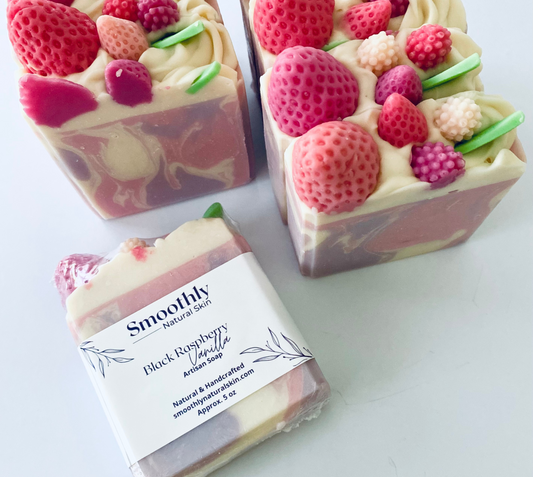 Black Raspberry Vanilla Soap; smell so good! It is an enticing blend of blackberries and raspberries, with middle notes of white floral greenery, and bottom notes of musk and vanilla.