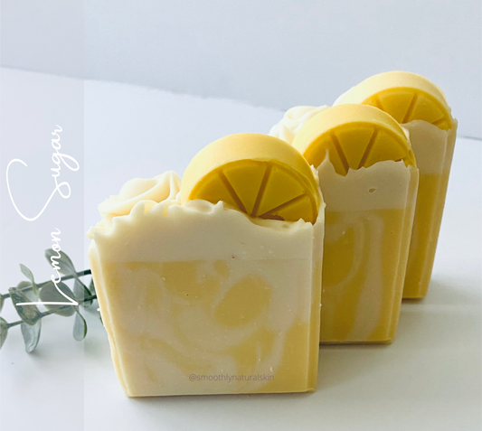 Lemon sugar soap has a citrus top notes of real lemon, and warm base notes of vanilla and sugar.