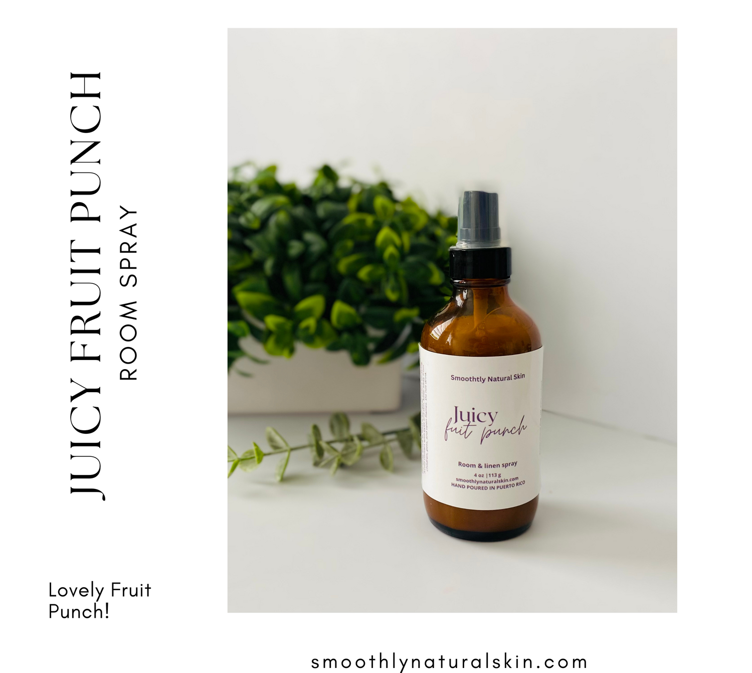 Juicy fruit punch room and linen spray has fresh citrus notes of lime and orange sparkle with effervescent highlights as they lead to a luscious blend of berry and cherry in this playful scent. Leafy green accents add intensity as a base of vanilla creates sweet tones for the fragrance.
