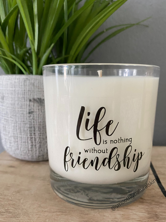 Soy Wax Candles Description:   Life is nothing without friendship, is a perfect gift for that special friend. These unique candles are hand poured in small batches.   Ingredients:   Natural Soy Wax, Cotton Wick (Lead & Zinc Free) and Phthalate Free Fragrance.  Volume: Net Wt. 7 oz. Smoothly Natural Skin 